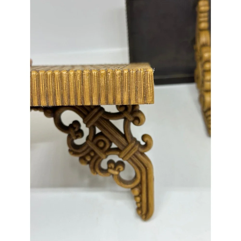 VTG Dart Shelves Brown Wicker Faux Rattan Scroll Bracket Wall Decor Set of 2